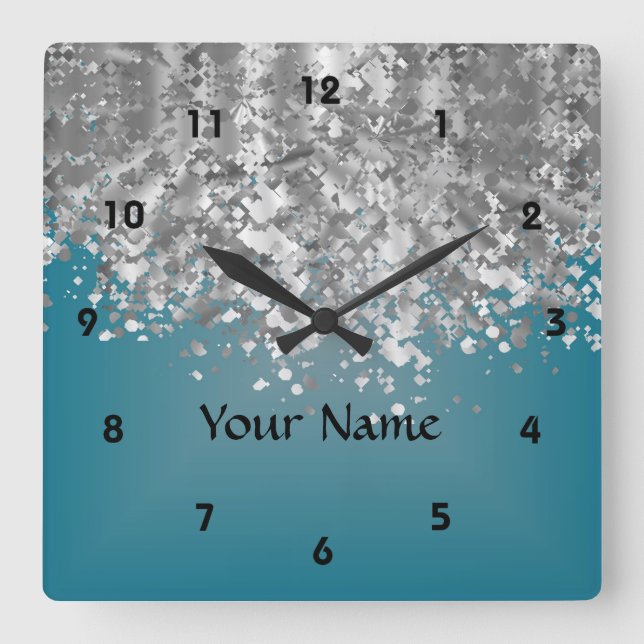 Teal blue and faux glitter square wall clock (Front)