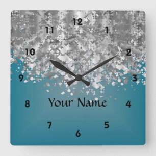 Teal blue and faux glitter square wall clock