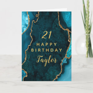 Teal Blue and Gold Agate Happy Birthday Card