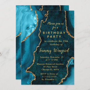Teal Blue and Gold Agate Marble Birthday Party Invitation
