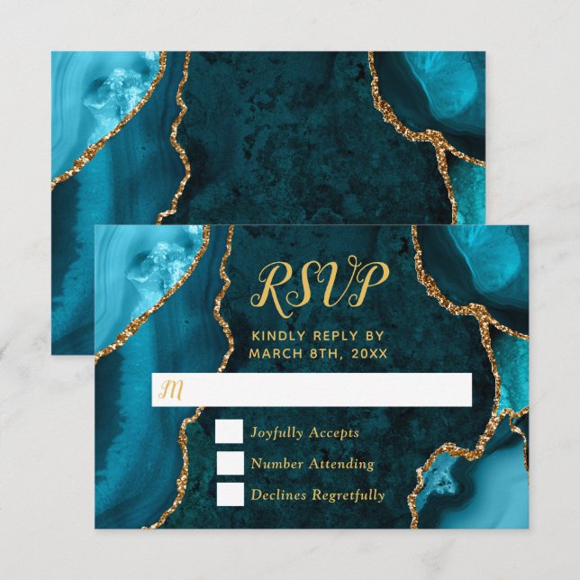 Teal Blue and Gold Agate Marble RSVP Card (Front/Back)
