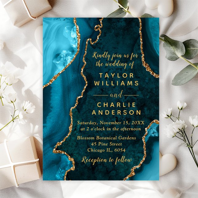Teal Blue and Gold Agate Marble Wedding Invitation (Creator Uploaded)