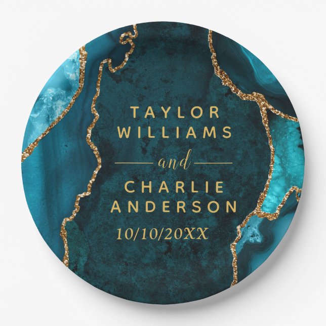 Teal Blue and Gold Agate Marble Wedding Paper Plate (Front)