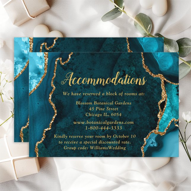 Teal Blue and Gold Agate Wedding Accommodations Enclosure Card (Creator Uploaded)