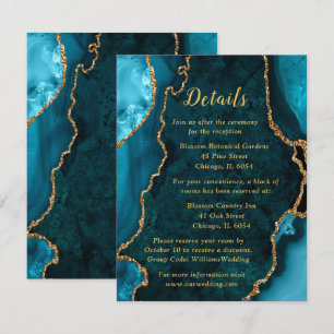 Teal Blue and Gold Agate Wedding Details Enclosure Card