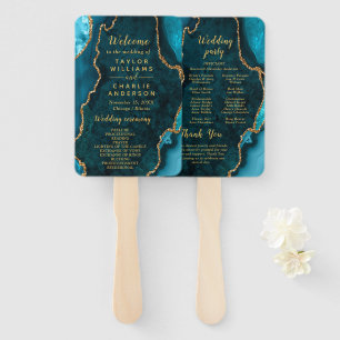 Teal Blue and Gold Agate Wedding Program Hand Fan