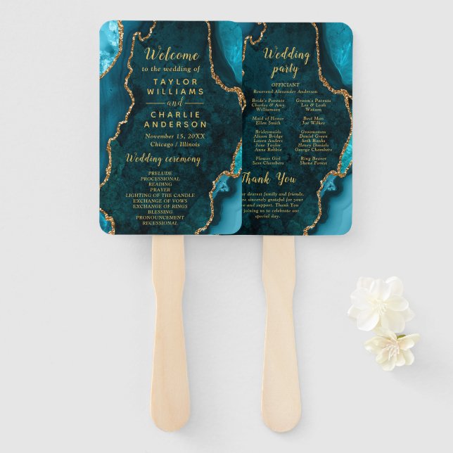 Teal Blue and Gold Agate Wedding Program Hand Fan (Front and Back)