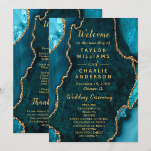 Teal Blue and Gold Agate Wedding Program Programme
