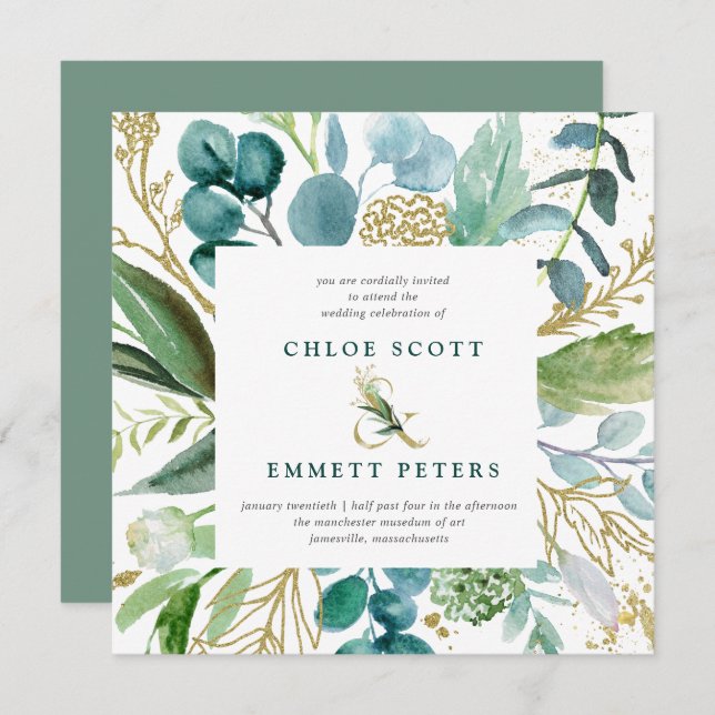 Teal Blue and Gold Botanical Square Wedding Invitation (Front/Back)