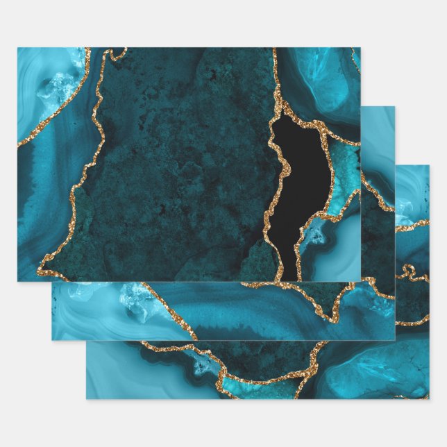 Teal Blue and Gold Faux Glitter Agate Wrapping Paper Sheet (Set)
