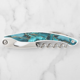 Teal Blue and Gold Glitter Agate Corkscrew