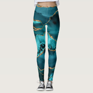Teal Blue and Gold Glitter Agate Leggings