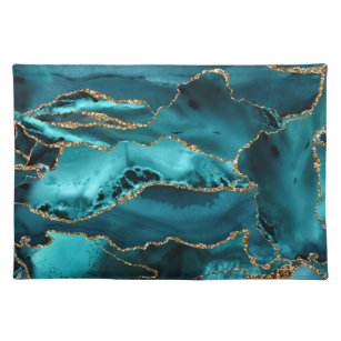 Teal Blue and Gold Glitter Agate Placemat