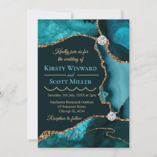 Teal Blue and Gold Glitter Agate Wedding Invitation