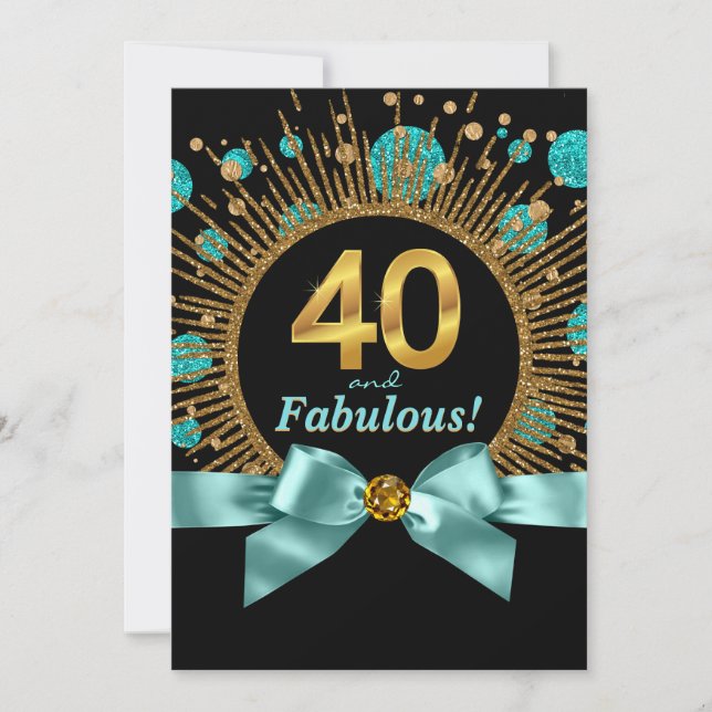 Teal Blue and Gold Glitter Womans 40th Birthday Invitation (Front)