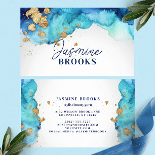 Teal Blue and Gold Luxury Watercolor Business Card