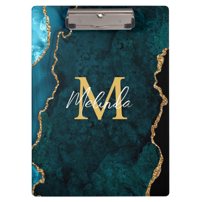 Teal Blue and Gold Marble Agate Clipboard (Front)