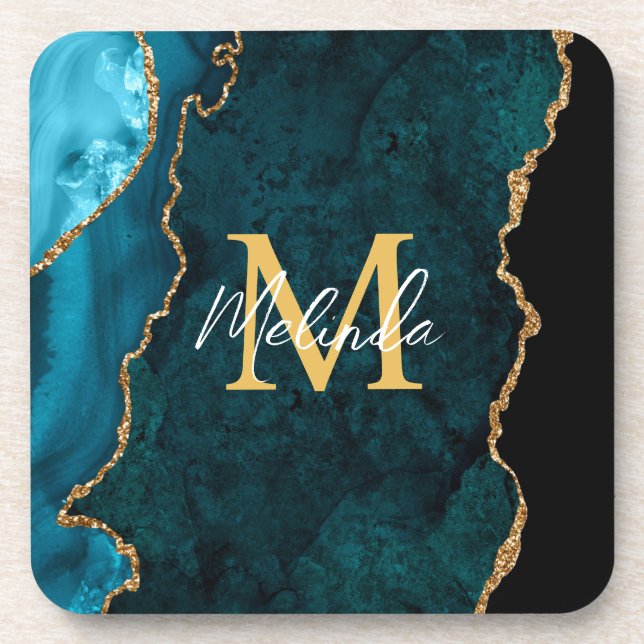 Teal Blue and Gold Marble Agate Coaster (Front)