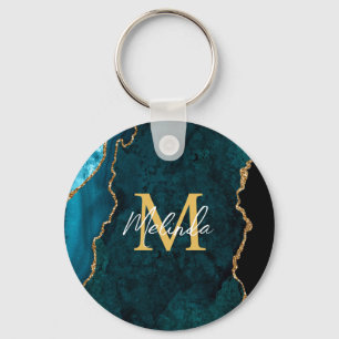 Teal Blue and Gold Marble Agate Key Ring