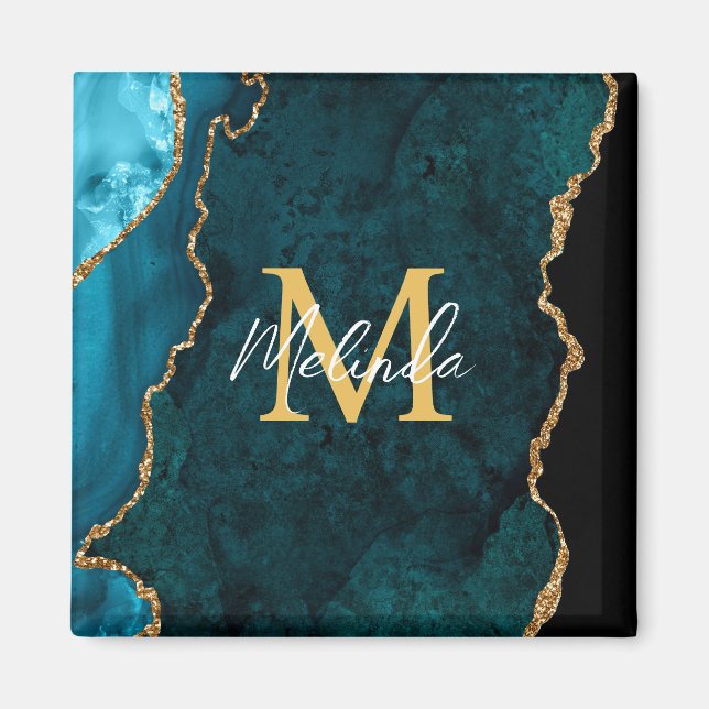 Teal Blue and Gold Marble Agate Magnet (Front)
