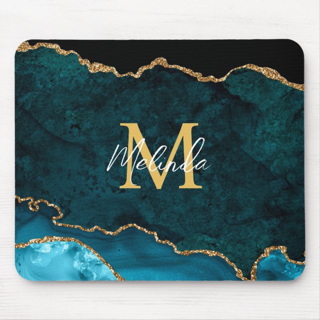 Teal Blue and Gold Marble Agate Mouse Pad (Front)