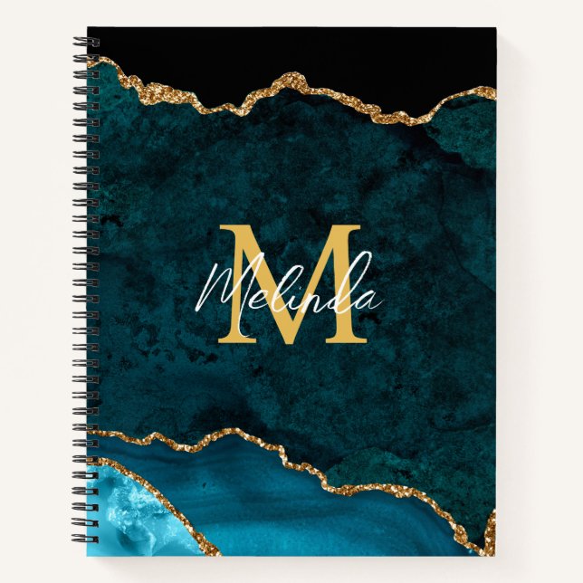 Teal Blue and Gold Marble Agate Notebook (Front)