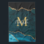 Teal Blue and Gold Marble Agate Tea Towel<br><div class="desc">This kitchen towel features an elegant and glamourous agate marble background with geode gemstone detailing and faux gold glitter accents. The monogram combines handwritten script and modern sans serif fonts for a classy and sophisticated look. This will make the ideal gift as it can be customised with a name and...</div>