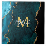 Teal Blue and Gold Marble Agate Tile<br><div class="desc">This tile features an elegant and glamourous agate marble background with geode gemstone detailing and faux gold glitter accents. The monogram combines handwritten script and modern sans serif fonts for a classy and sophisticated look. This will make the ideal gift as it can be customised with a name and initial....</div>