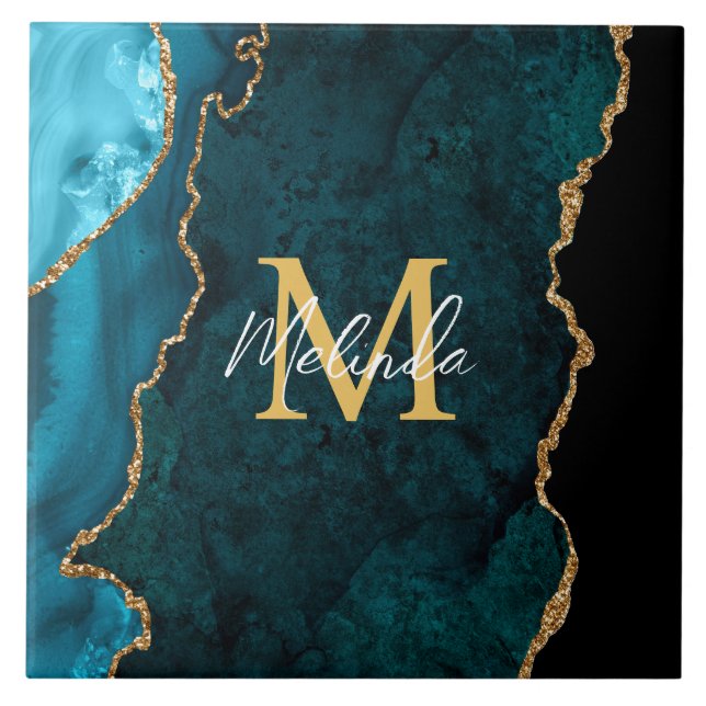 Teal Blue and Gold Marble Agate Tile (Front)