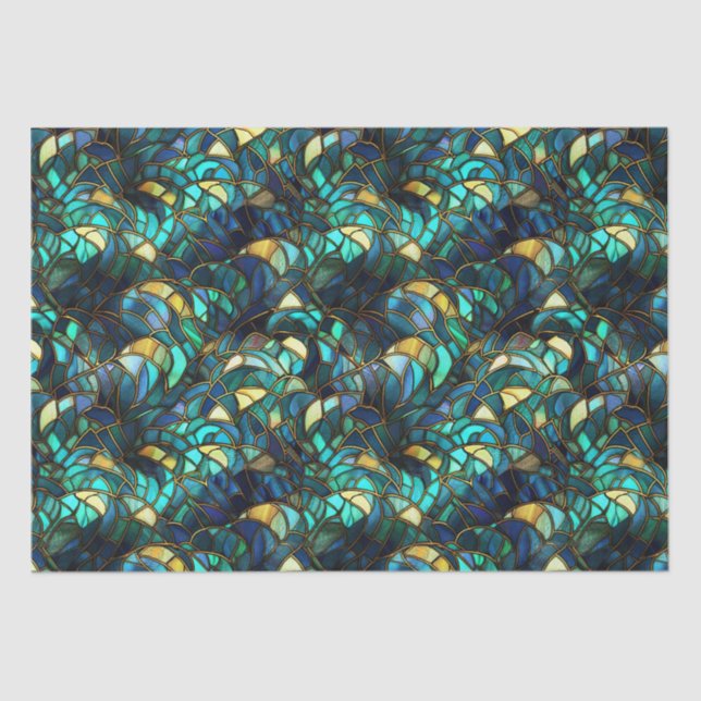 Teal, Blue and Gold Peacock Stained Glass Tissue Paper (Front)