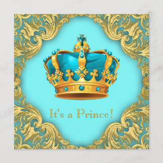 Teal Blue and Gold Prince Baby Shower Invitation