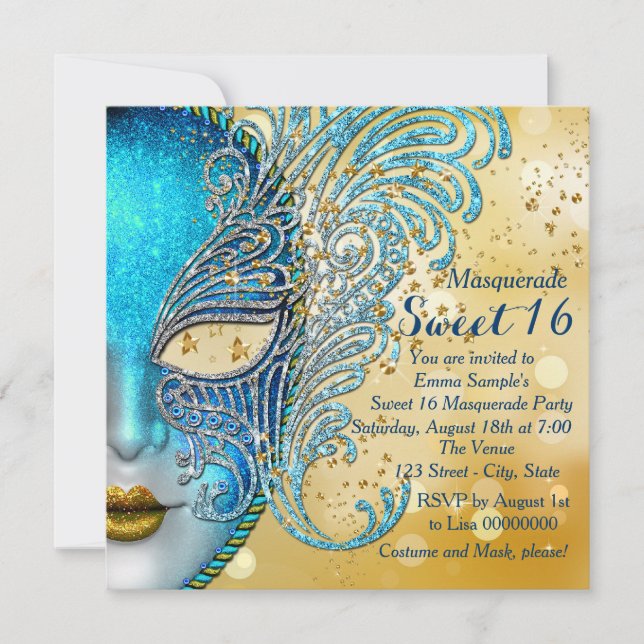 Teal Blue and Gold Sweet 16 Masquerade Party Invitation (Front)
