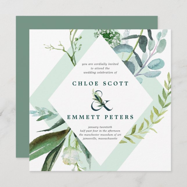 Teal Blue and Green Botanical Square Wedding Invitation (Front/Back)
