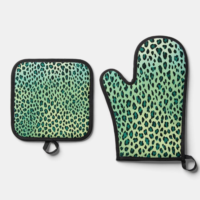 Teal Blue And Green Leopard Print Oven Mitt & Pot Holder Set (Front)