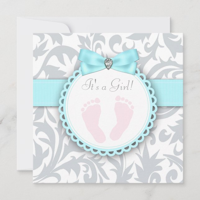 Teal Blue and Grey Footprint Baby Girl Shower Invitation (Front)