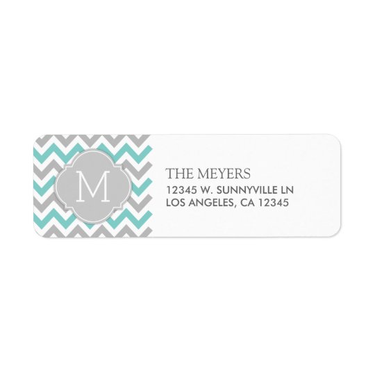 Teal Blue and Grey Modern Chevron with Monogram Return Address Label