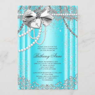 Teal Blue and Grey Pearl First Communion Invitation