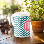 Teal Blue and Hot Pink Chevrons Custom Monogram Bone China Mug<br><div class="desc">A vibrant geometric design in fresh,  cheerful colours. If you need to adjust the monograms,  click on the customise it button and make changes.</div>