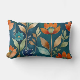 Teal, blue and orange floral lumbar cushion