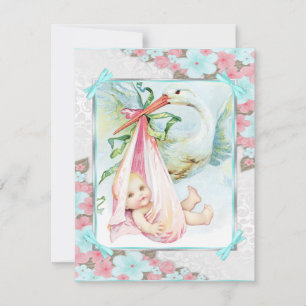 Teal Blue and Pink Stork Baby Shower Invitation