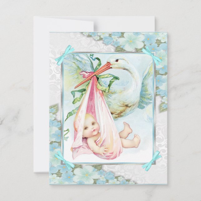 Teal Blue and Pink Stork Baby Shower Invitation (Front)