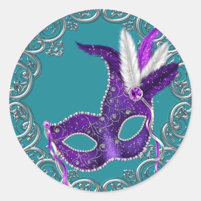 Teal Blue and Purple Masquerade Classic Round Sticker (Front)