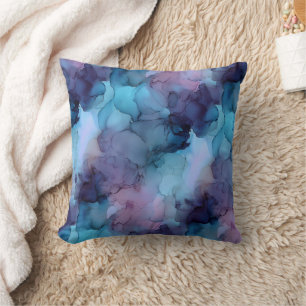 Teal Blue and Purple Watercolor Fluid Marble Cushion