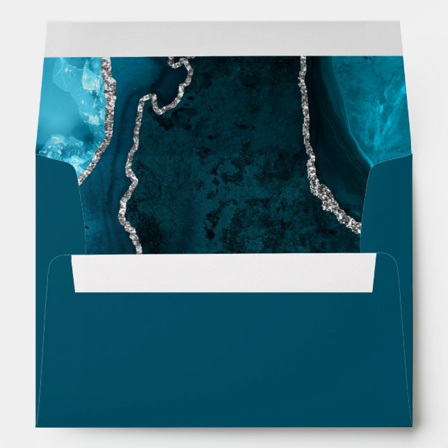 Teal Blue and Silver Agate Marble Birthday Party Envelope (Back (Bottom))