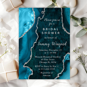 Teal Blue and Silver Agate Marble Bridal Shower Invitation