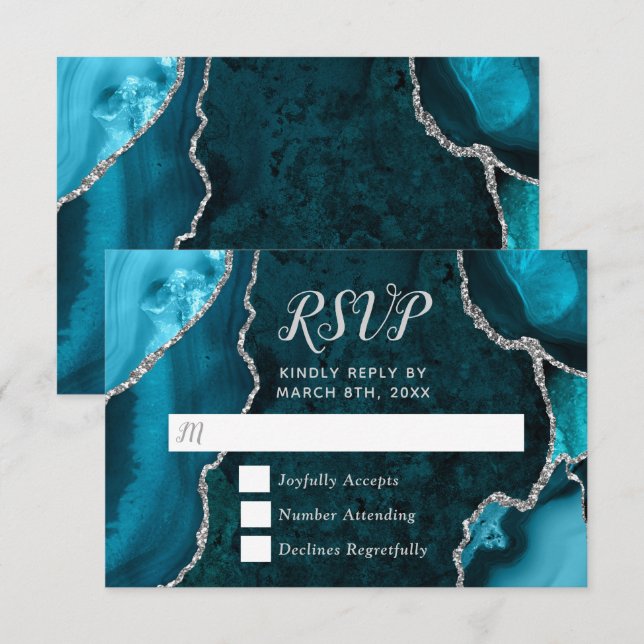 Teal Blue and Silver Agate Marble RSVP Card (Front/Back)