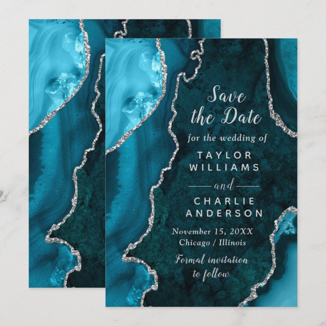 Teal Blue and Silver Agate Marble Save The Date Invitation (Front/Back)