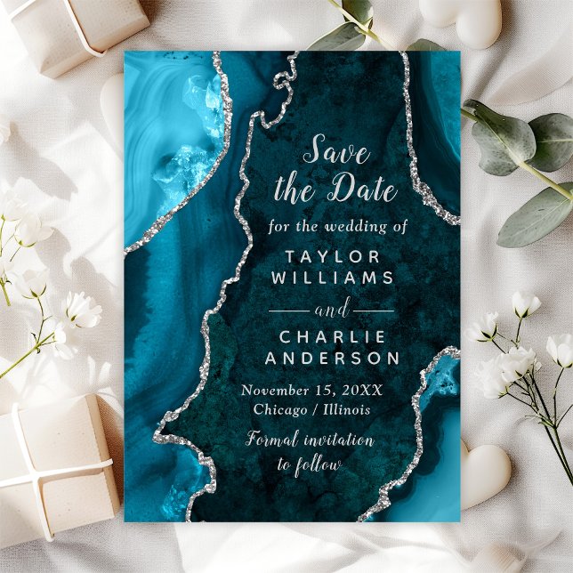 Teal Blue and Silver Agate Marble Save The Date Invitation (Creator Uploaded)