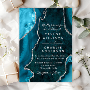 Teal Blue and Silver Agate Marble Wedding Invitation