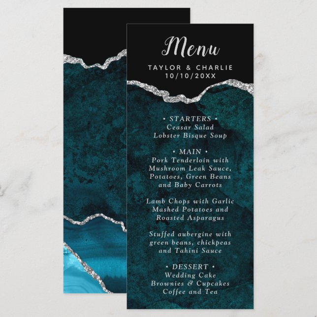 Teal Blue and Silver Agate Marble Wedding Menu (Front/Back)